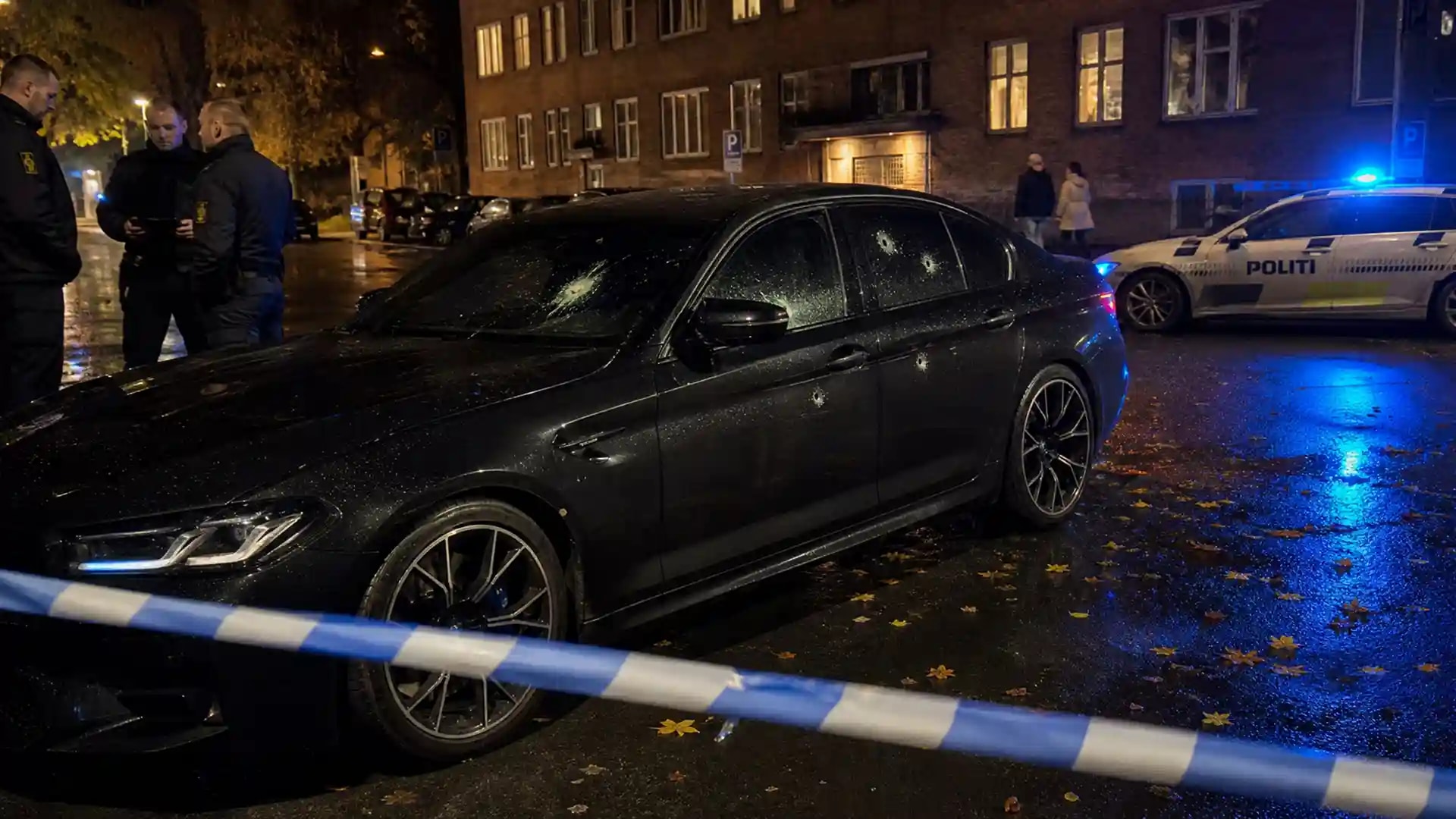 Kim Fournais' panserbil gennemskudt på Philip Heymans Allé i Hellerup, politiet på stedet bag afspærring. Til højre portrætter af Kim Fournais og Martin Præstegaard.
